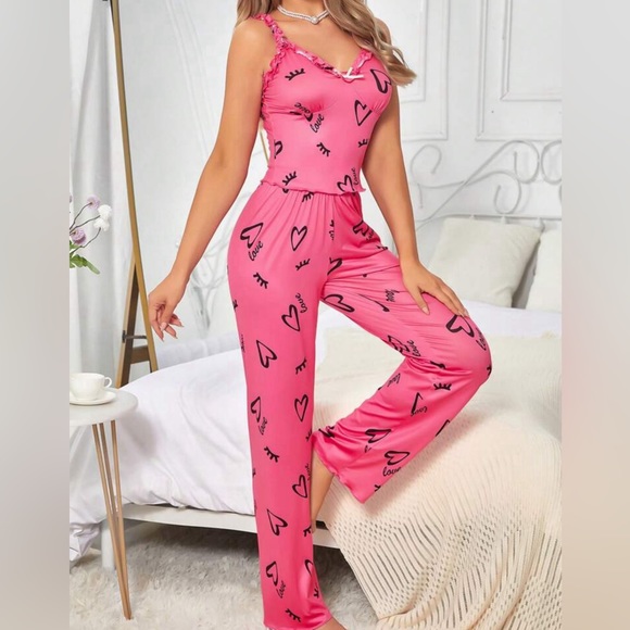 Pink Heart Pattern Tank Top and Long Pants Pajama Lounge Set - Picture 4 of 6